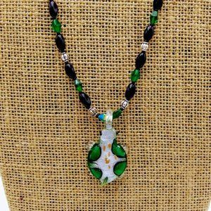 TURTLE*GREEN&SILVER DICHROIC GLASS NECKLACE W/COLORFUL GLASS BEADS*HAND CRAFTED*